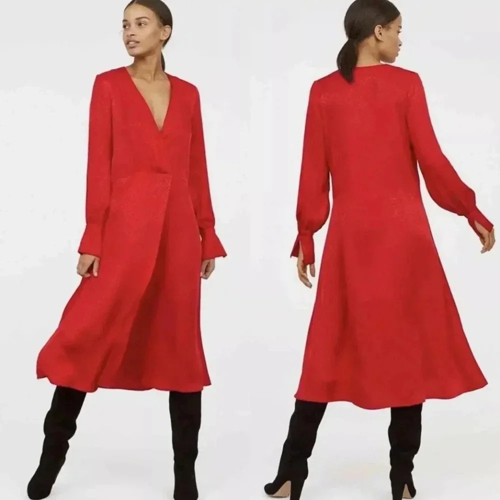 H&M Red Satin Textired Jacquard Faux Wrap Long Sleeve Midi Dress V Neck Sz 6